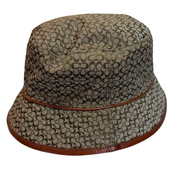 Vintage Coach Signature Jacquard Bucket Hat M/L Tan Brown Mini Print - Picture 1 of 7